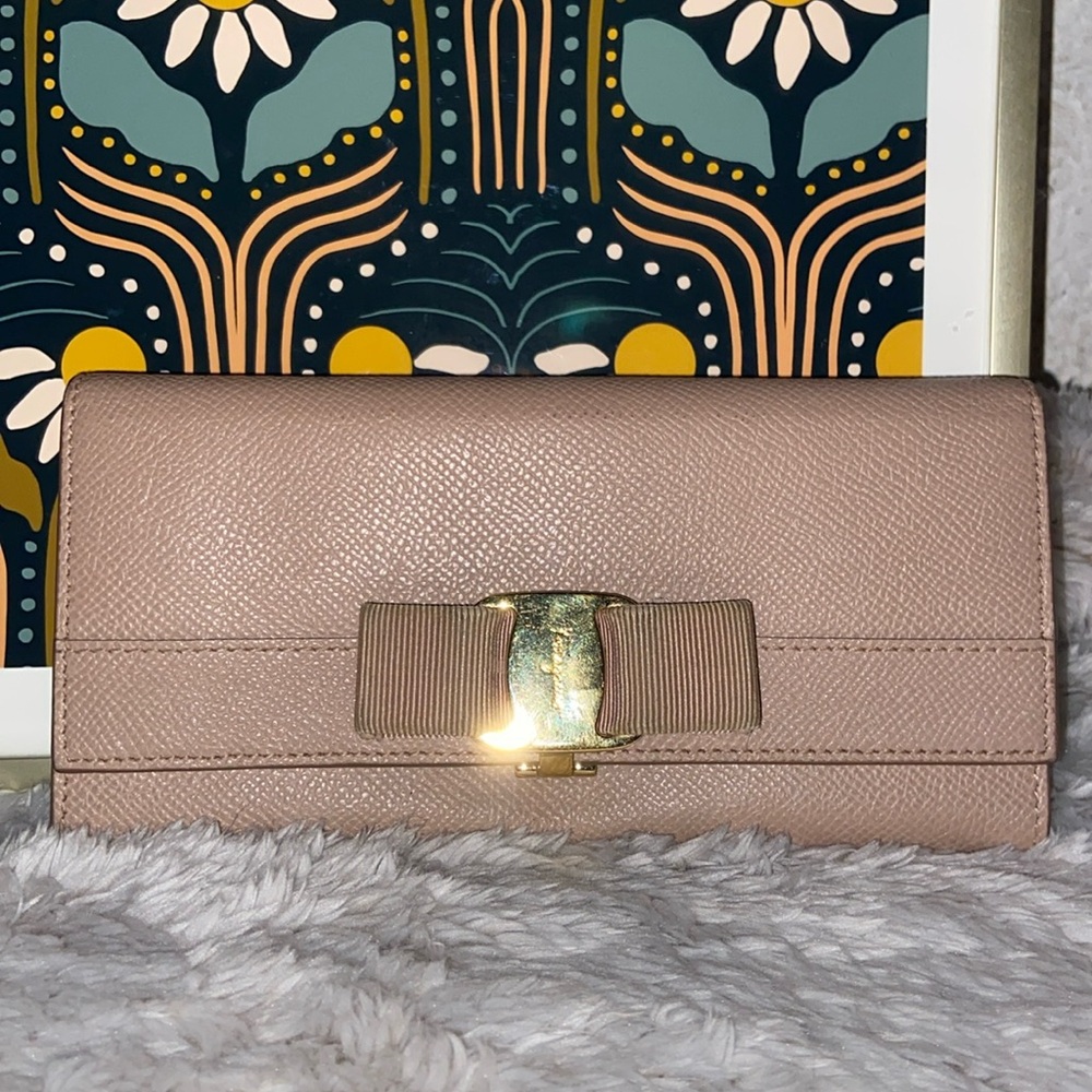 Salvatore Ferragamo Tan Long Wallet with Gold Accent EUC